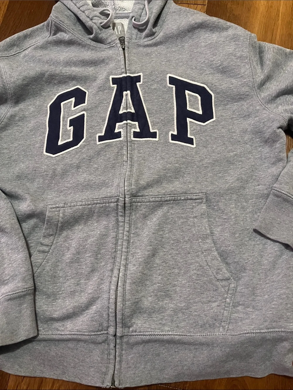 GAP Heather Gray Zip-Up Hoodie with Navy Logo